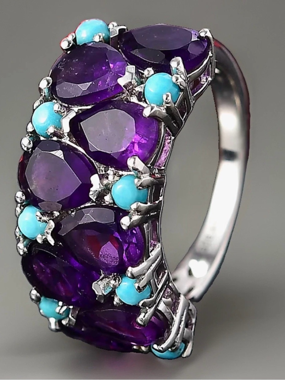 NWT D'Joy Amethyst, Turquoise Ring, Rhodium / Sterling Silver 5.50 CTW SZ.6